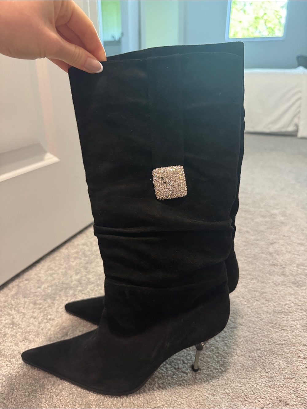 Gucci Black Suede Pointed-Toe Mid-Calf Boots with Crystal Square Accent